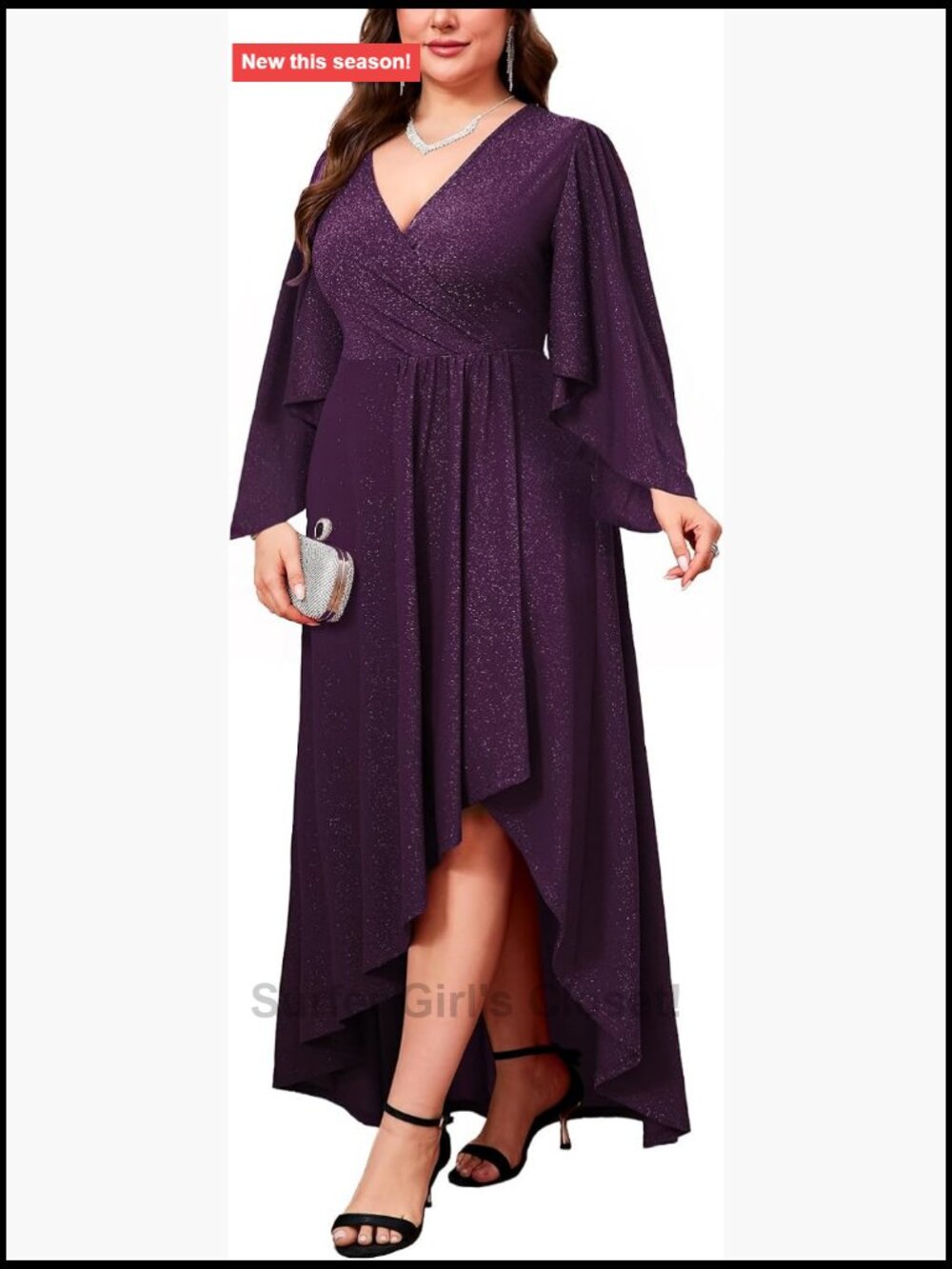 Plus Size Sparkly Glitter Formal Maxi A-Line Dress Wrap V-Neck Handkerchief